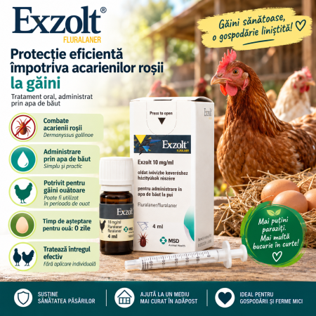 NOUTATI - Exzolt 10 mg/ml, 4 ml – tratament oral pentru acarienii roșii la găini