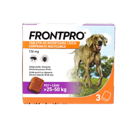 NOUTATI - Frontpro 136 mg Afoxolaner 3 comprimate – tratamentul impotriva puricilor și căpușeselor câini 25-50 kg