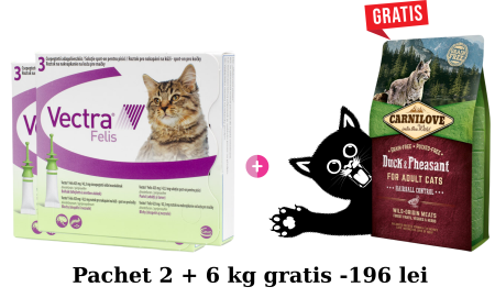 NOUTATI - Pachet 2 x Vectra Felis, spot-on, deparazitare externa pentru pisici, 3 pipete + Gratis  6kg Carnilove Duck and Pheasant Cats Hairball Control