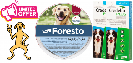 PROMOȚII - Pachet Zgarda Foresto pentru câini peste 8 kg - 70 cm + 6 pastile Credelio Plus Dog 22-45 kg
