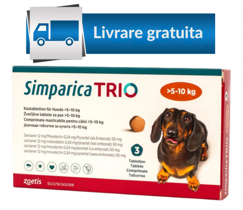 Pastilă - Simparica Trio 12 mg (5.1-10 kg) x 3 tablete - deparazitare externa si interna pentru caini