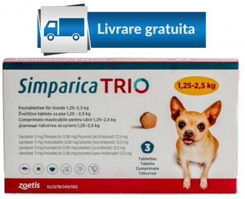 Pastilă - Simparica Trio 3 mg (1.25-2.5 kg) 3 tablete, deparazitare externă și internă pentru câini