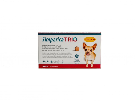 Pastilă - Simparica Trio 3 mg (1.25-2.5 kg) 3 tablete, deparazitare externă și internă pentru câini
