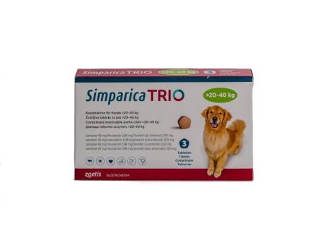 Pastilă - Simparica Trio 48 mg (20.1 - 40 kg) x 3 tablete - deparazitare externa si interna pentru caini