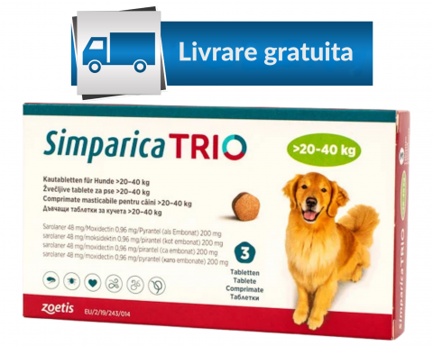 Pastilă - Simparica Trio 48 mg (20.1 - 40 kg) x 3 tablete - deparazitare externa si interna pentru caini