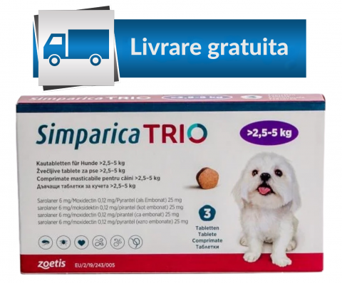 Pastilă - Simparica Trio 6 mg (2.5 - 5 kg) x 3 tablete - deparazitare externa si interna pentru caini