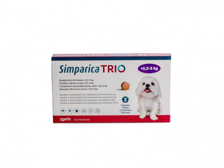 Pastilă - Simparica Trio 6 mg (2.5 - 5 kg) x 3 tablete - deparazitare externa si interna pentru caini