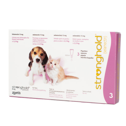 Pastilă - Stronghold 15 mg sub 2.5 kg x 3 pipete - deparazitare externa si interna pentru caini si pisici