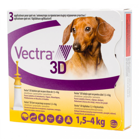 Pipetă - Vectra 3D 1,5–4 kg (pentru câini mici), cutie cu 3 pipete deparazitare externa completa