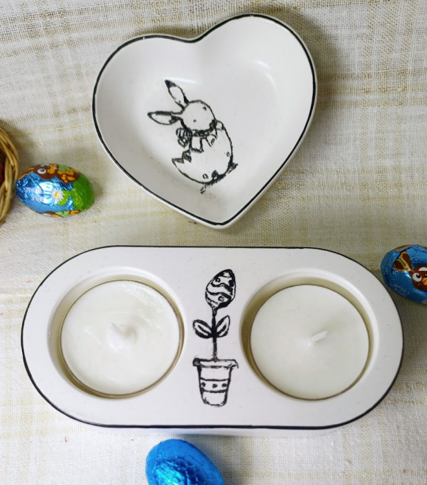 Farfurie alba cu iepuras si lumanari gemene în suport ceramic realizat manual [4]