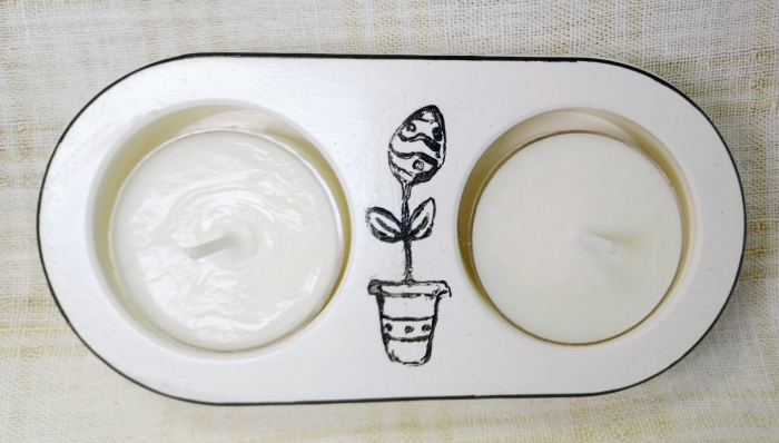 Farfurie alba cu iepuras si lumanari gemene în suport ceramic realizat manual [2]