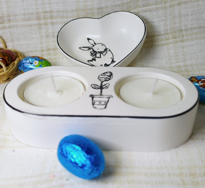 Farfurie alba cu iepuras si lumanari gemene în suport ceramic realizat manual [9]