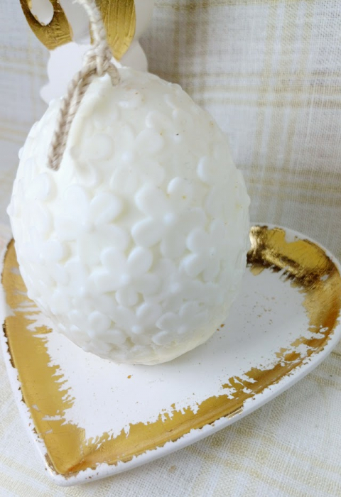 Ou alb cu flori din ceara de soia + suport in forma de inimă + iepuraș din ceramică handmade [6]