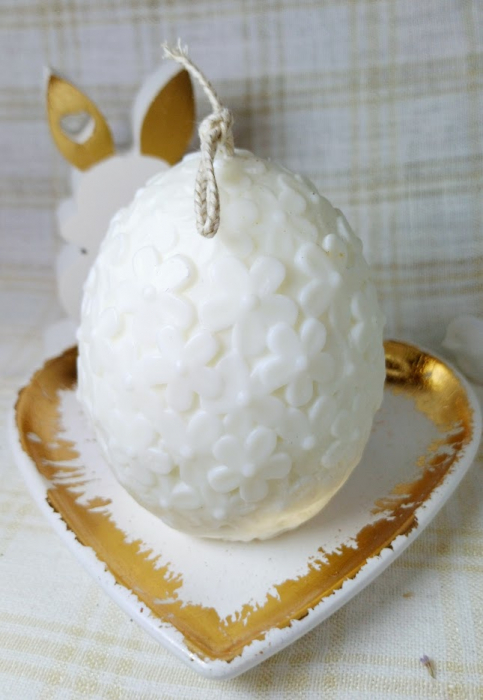 Ou alb cu flori din ceara de soia + suport in forma de inimă + iepuraș din ceramică handmade [8]