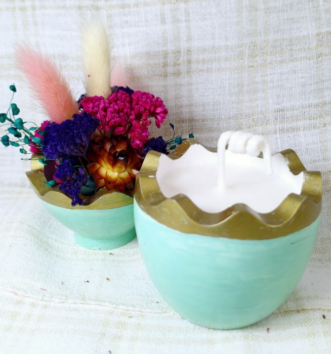 Ou turcoaz/auriu din ceramica handmade + lumanare alba de ceara de soia [3]