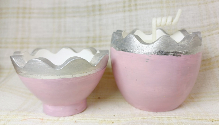 Ou roz/argintiu din ceramica handmade + lumanare alba de ceara de soia [11]