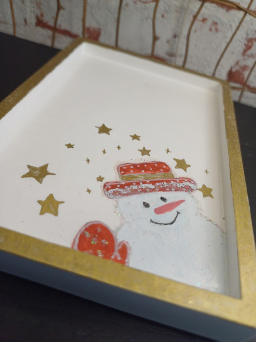 Set decorativ  Craciun - lumanare din ceara de soia si suport dreptungiular din ceramica alb auriu [6]
