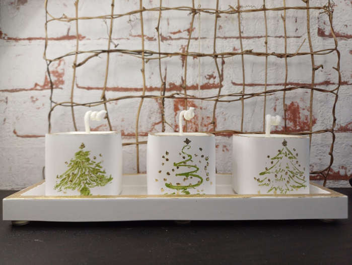 Set decorativ - trei lumanari din ceara de soia turnate in pahare de ceramica plus suport dreptunghiular din ceramica. [2]