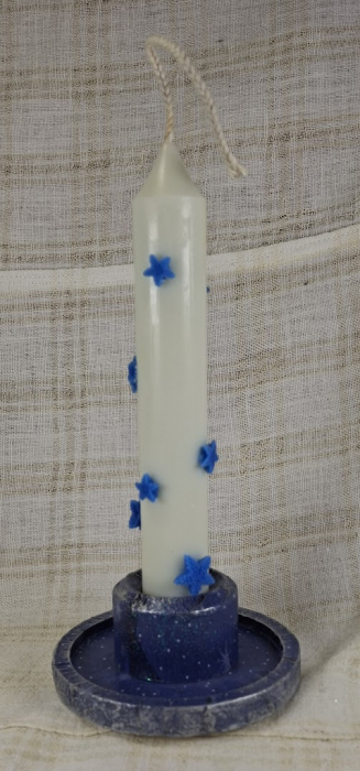 Set decorativ de Craciun - 'Blue Stars' - lumanare plus suport din ceramica pictat manual [6]