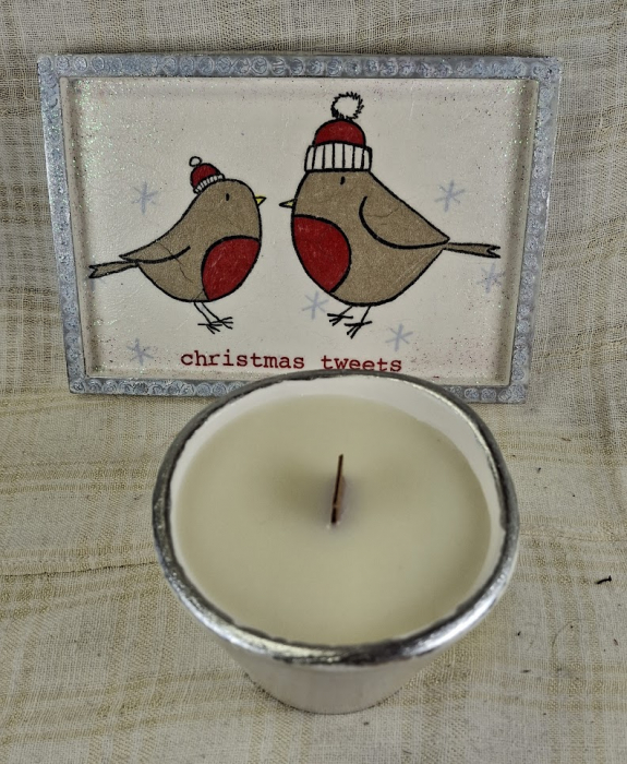 Set decorativ de Craciun - 'Christmas Tweets' - lumanare plus suport din ceramica pictat manual [10]