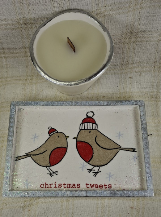 Set decorativ de Craciun - 'Christmas Tweets' - lumanare plus suport din ceramica pictat manual [2]
