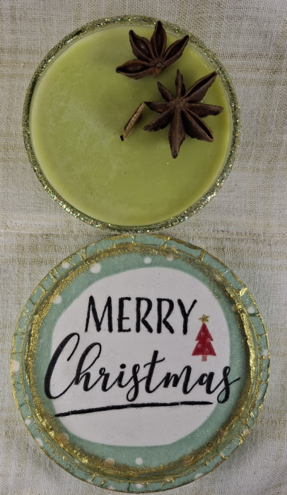 Set decorativ de Craciun - 'Merry Christmas' - lumanare plus suport din ceramica pictat manual [5]