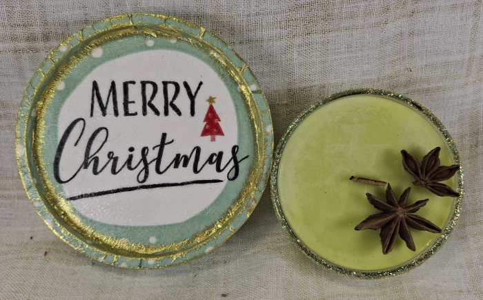 Set decorativ de Craciun - 'Merry Christmas' - lumanare plus suport din ceramica pictat manual [2]