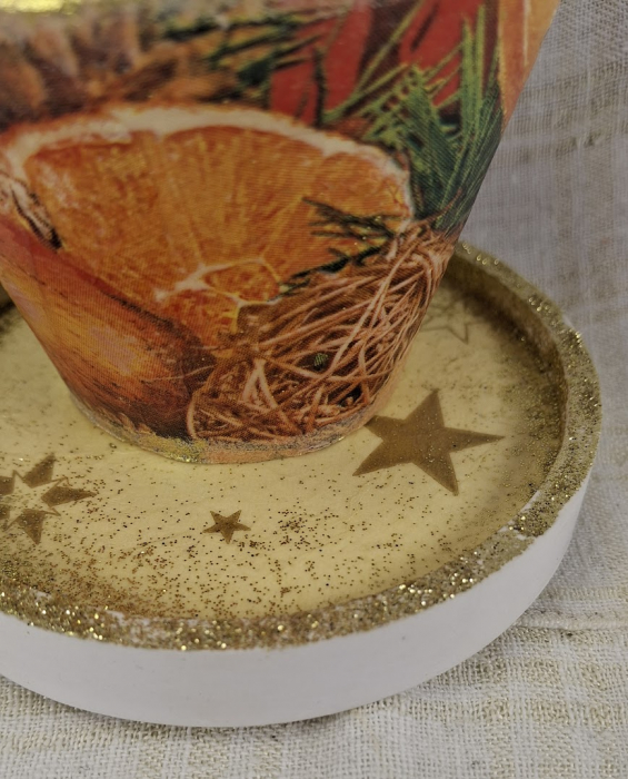 Set decorativ de Craciun - 'Orange Stars' - lumanare plus suport din ceramica pictat manual [10]