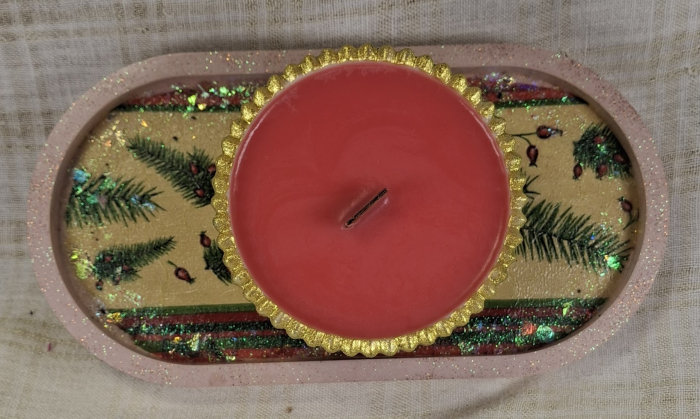 Set decorativ de Craciun - 'Red Gold & Green' - lumanare plus suport din ceramica pictat manual [4]