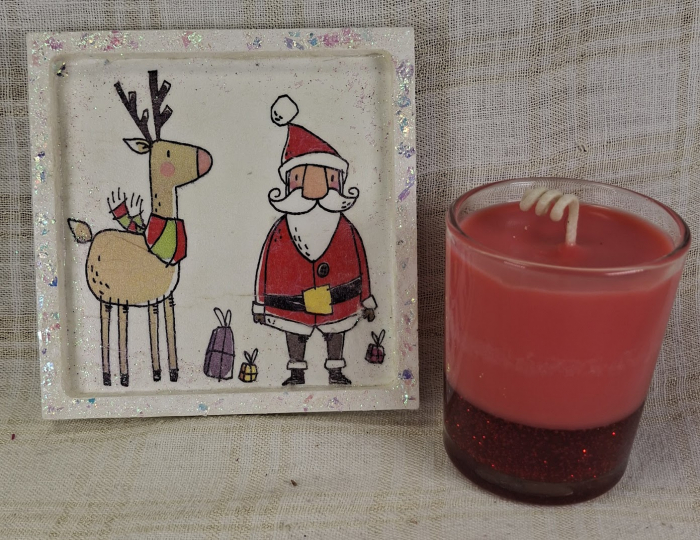 Set decorativ de Craciun - 'Rudolph & Santa' - lumanare plus suport din ceramica pictat manual [3]