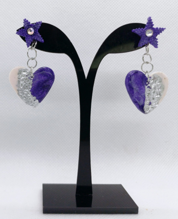 Bijuterii handmade - Cercei inimioare cu stelute mov