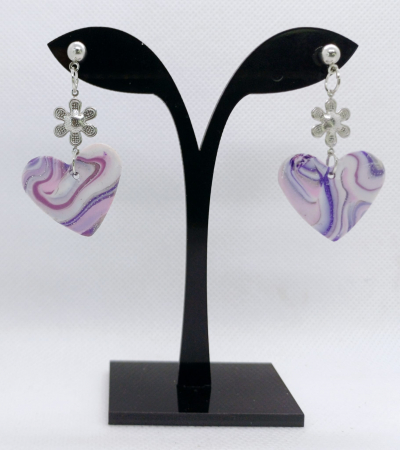 Bijuterii handmade - Cercei inimioare mov cu accesorii argintii