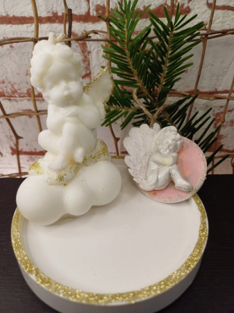 Ceramica handmade - Lumanare "ingeras pe nor " cu farfurioara din ceramica roz/auriu