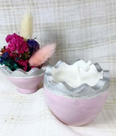 Paste - Ou roz/argintiu din ceramica handmade + lumanare alba de ceara de soia