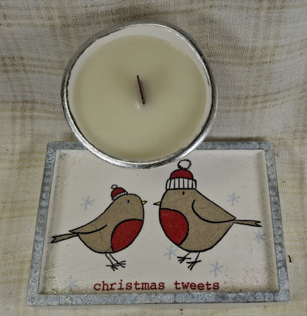 Seturi decorative - Set decorativ de Craciun - 'Christmas Tweets' - lumanare plus suport din ceramica pictat manual