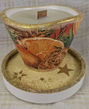 Seturi decorative - Set decorativ de Craciun - 'Orange Stars' - lumanare plus suport din ceramica pictat manual