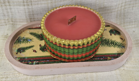 Set decorativ de Craciun - 'Red Gold & Green' - lumanare plus suport din ceramica pictat manual [1]