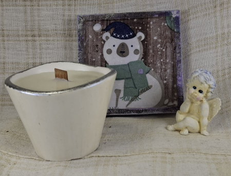 Seturi decorative - Set decorativ de Craciun - 'Urs Polar' - lumanare plus suport din ceramica pictat manual