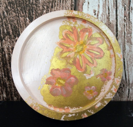 Ceramica handmade - Suport rotund (farfuriuta), roz/auriu, pictat manual, din ceramica.