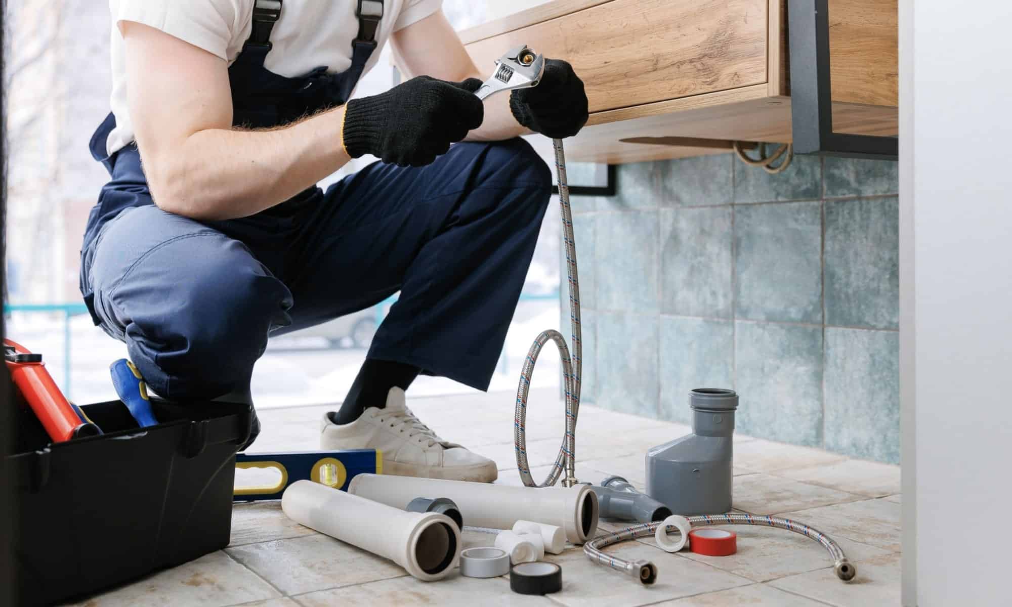 Instalare baterie chiuvetă bucătarie - bărbat cu salopetă albastră, mănuși negre, cablu
