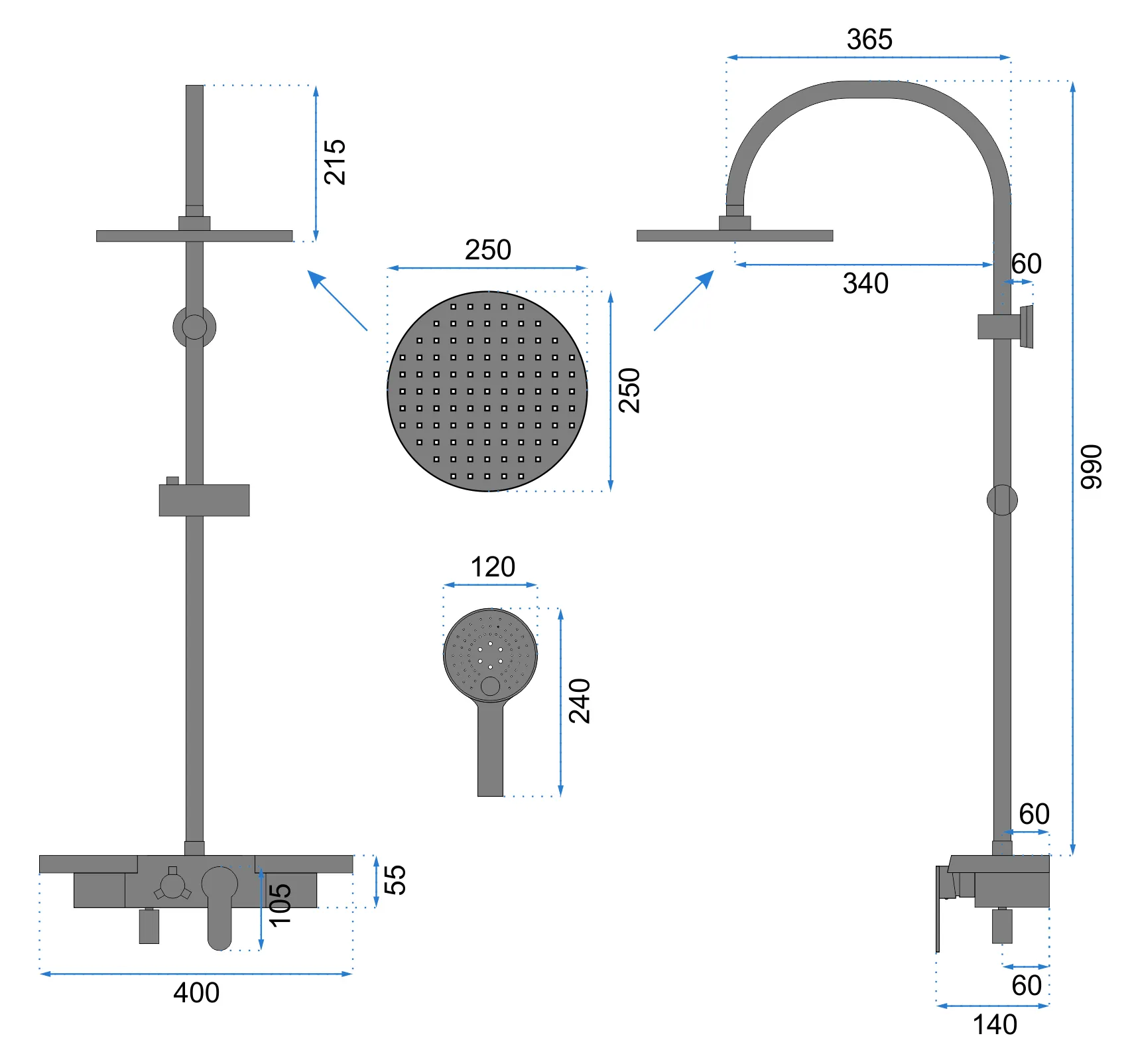 Set de duș culoare neagră înălțime 99 cm material alamă/ABS model Vigo Black [10]