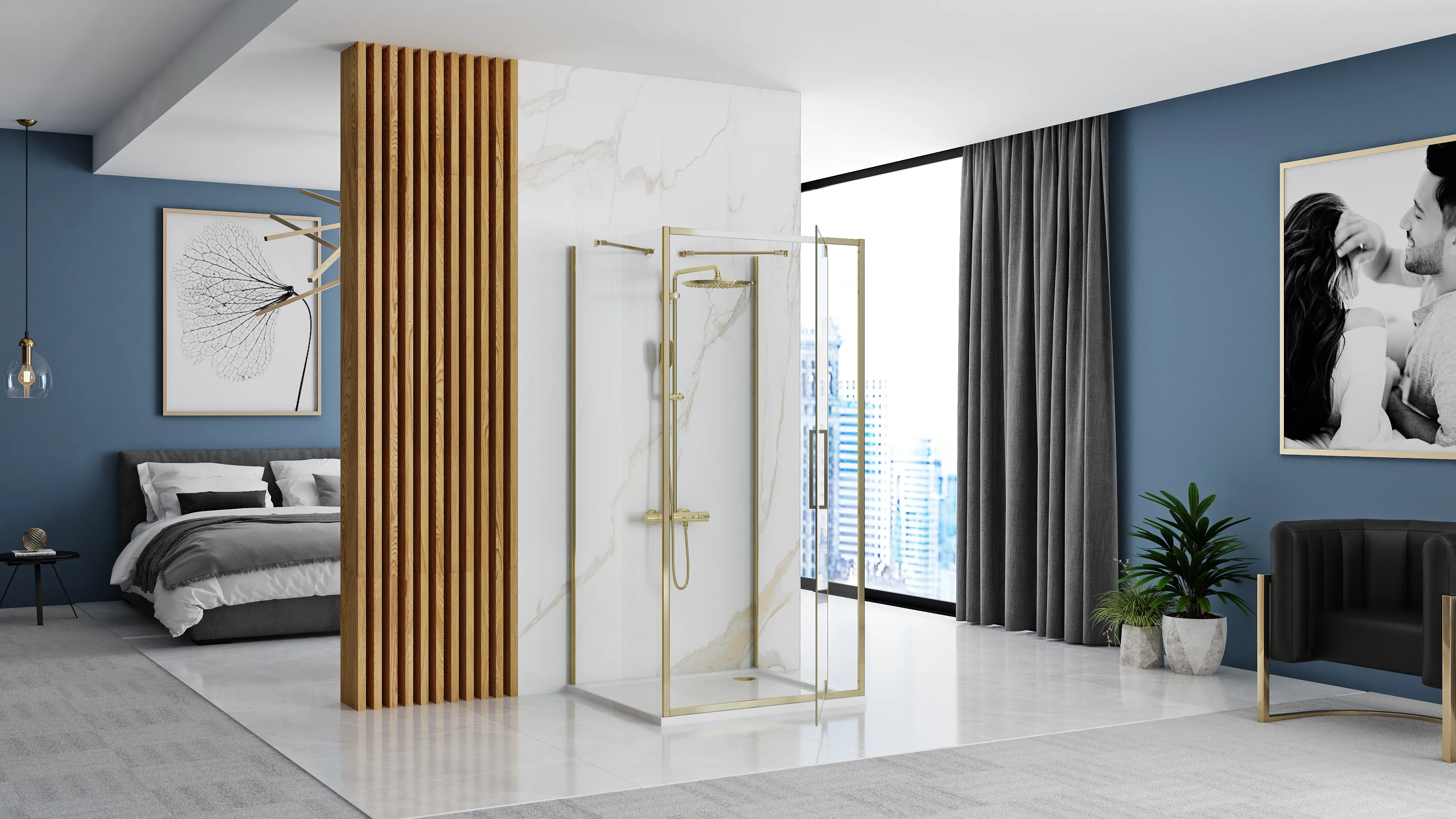 Cabină duș batantă de perete mărime 90x90 cm culoare auriu model Rapid Swing Gold [4]