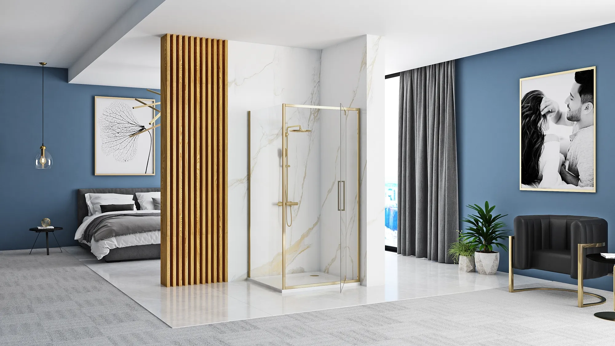 Cabină de duș batantă de colț mărime 100x100 cm culoare auriu model Rapid Swing Gold [4]