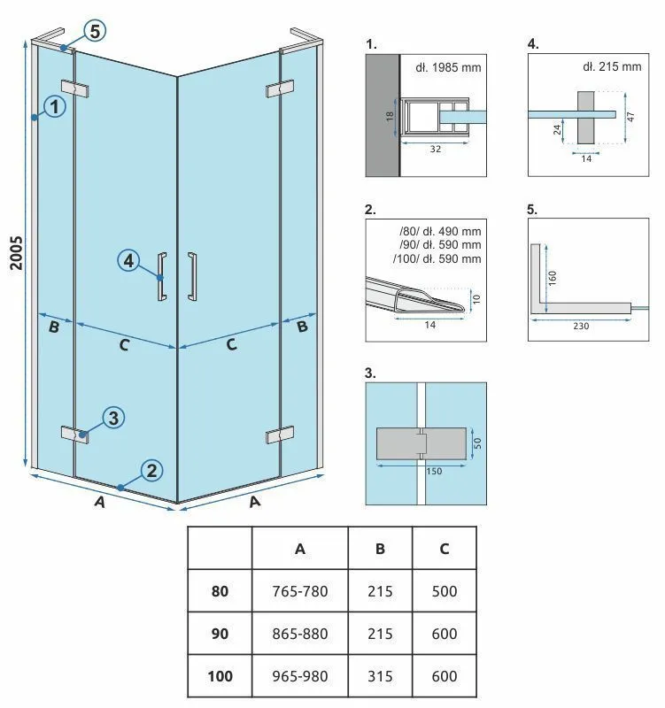 Cabină duș batantă de colț mărime 80x90 culoare neagră Hugo Double [8]