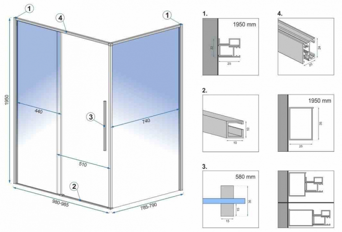 Cabină de duș culisantă de colț mărime 100x80 cm culoare auriu lucios sticlă securizată de 6 mm model Solar Gold [6]