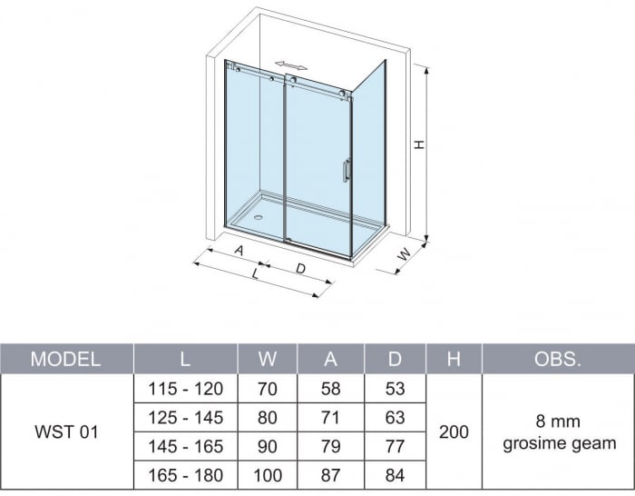 Cabină de duș culisantă de colț mărime 165->180 x 70 cm culoare crom sticlă transparentă WST 01 [6]