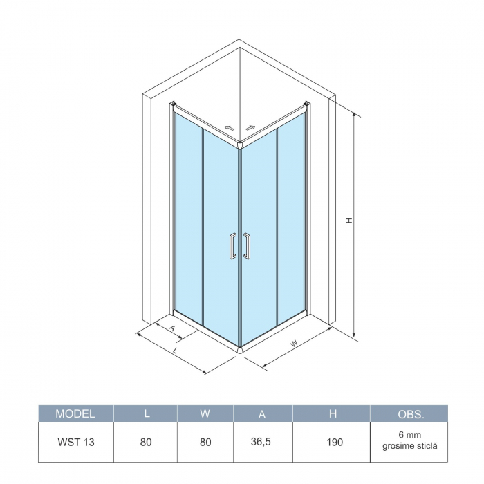 Cabină de duș culisantă de colț mărime 80x80 cm culoare crom lucios sticlă securizată de 6 mm model WST 13 [11]