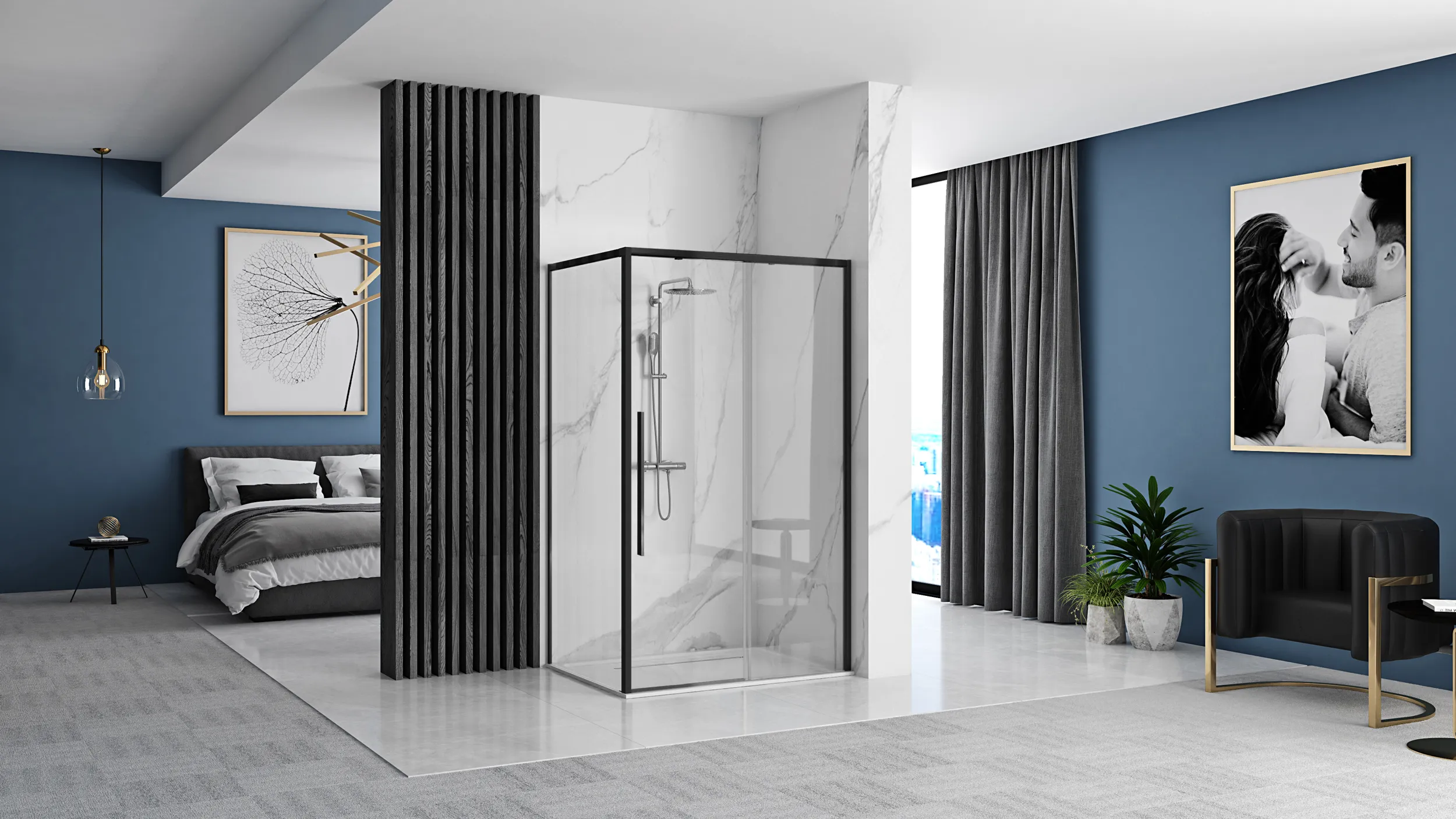 Cabină de duș culisantă de colț mărime 90x90 cm culoare negru mat model Solar Black Matt [2]