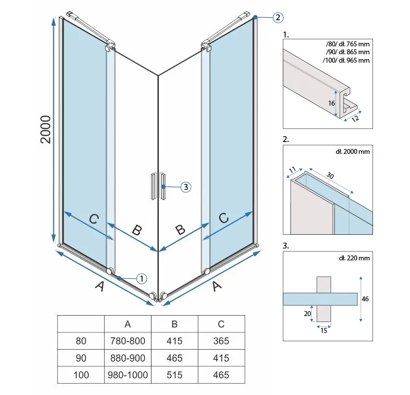Cabină de duș culisantă de colț mărime 80x80 cm finisaj auriu periat sticlă securizată de 6 mm model Montana Double Gold Brush [7]