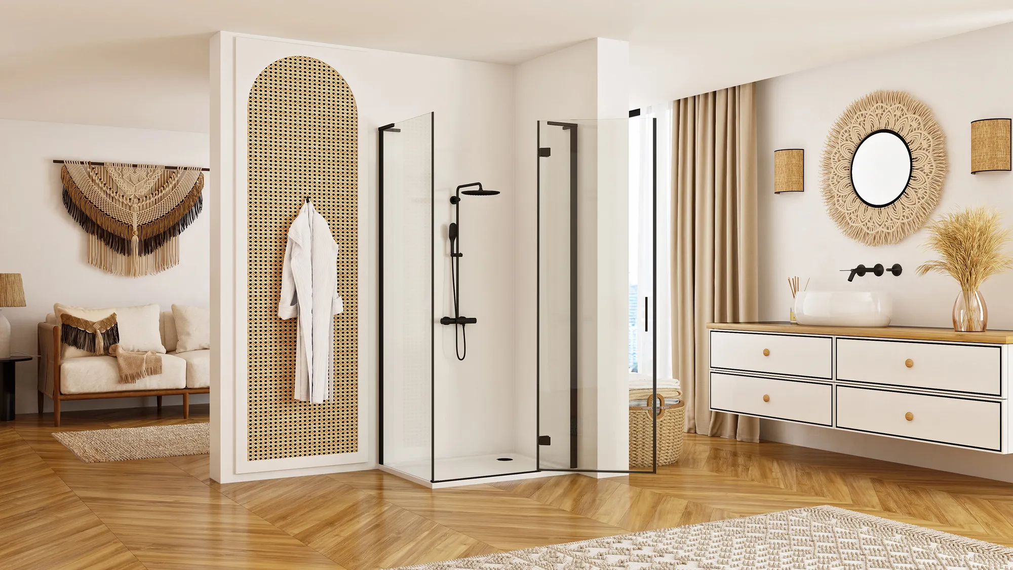 Cabină duș batantă de colț mărime 90x80 cm culoare neagră model Hugo Black [3]